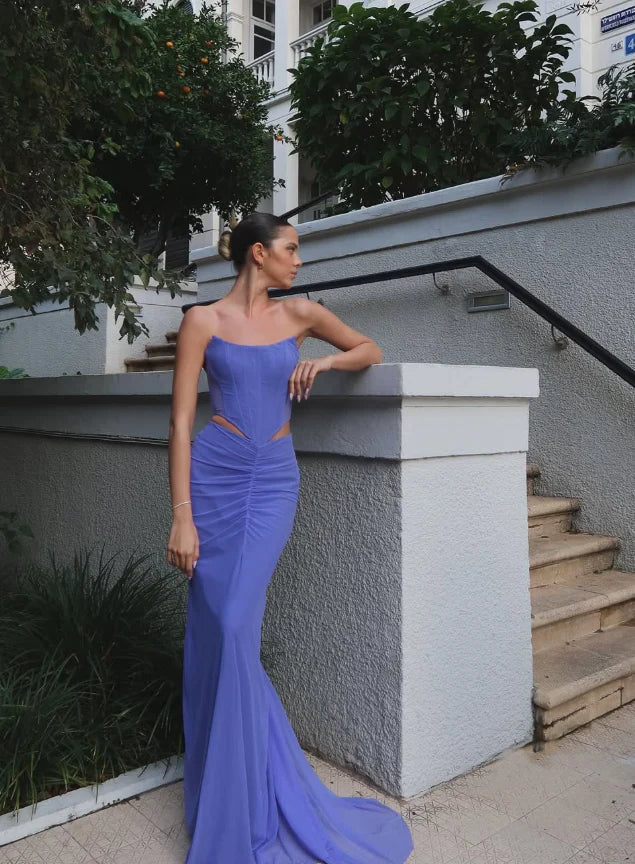 Chiffon Strapless Cutout Bodice Ruched Mermaid Train Floor-Length Evening Dress