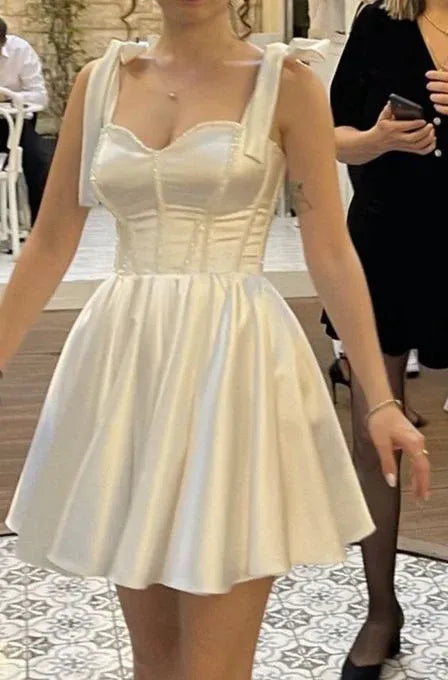 Classic A-Line Bow-Strap Sweetheart Corset Satin Mini Homecoming Dress