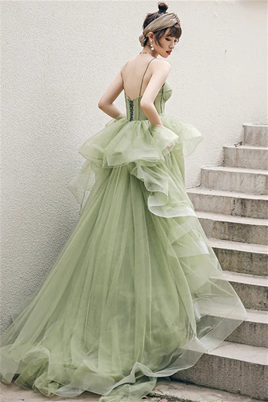 Corset Bodice Tulle Prom Gown with Spaghetti Straps and Ruffled Skirt