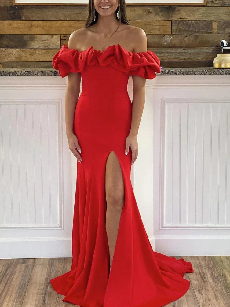 Crepe Off-Shoulder Ruffled Bodice High-Slit Mermaid Train Evening Dress
