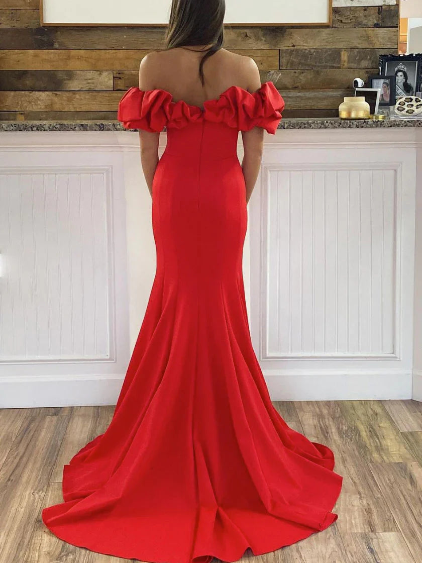 Crepe Off-Shoulder Ruffled Bodice High-Slit Mermaid Train Evening Dress