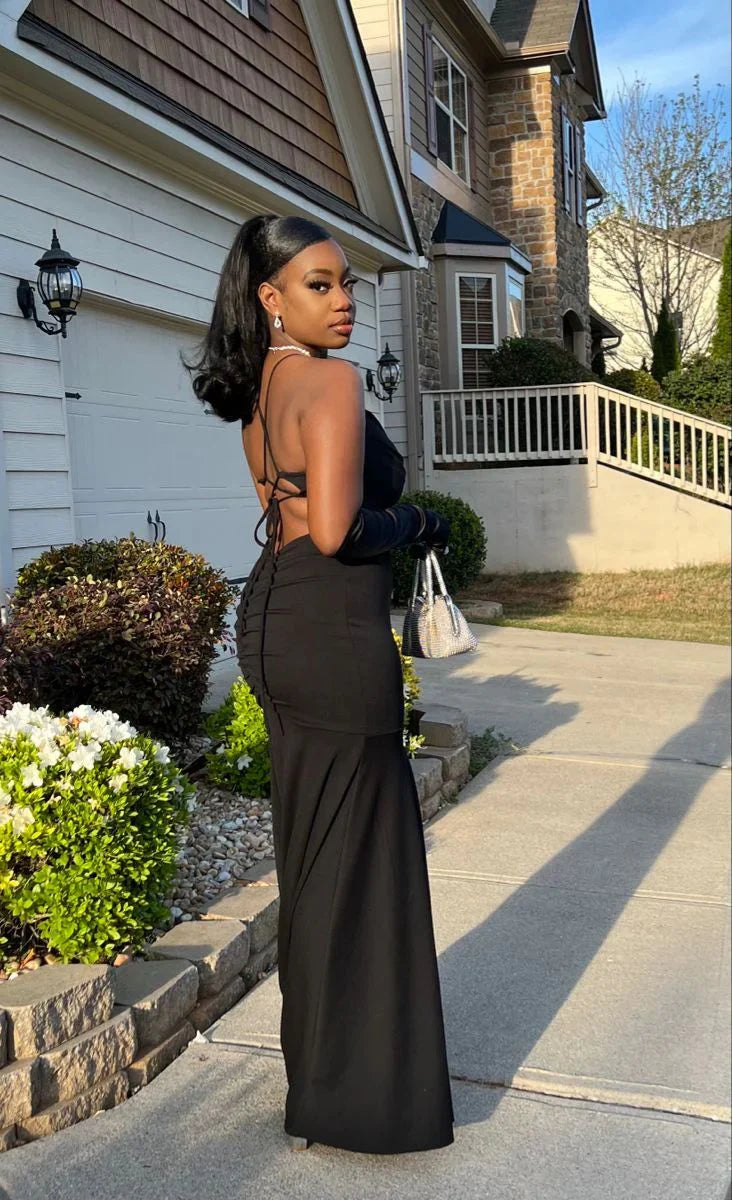 Crepe Spaghetti-Strap Sweetheart Ruched Bodice Crisscross Back Mermaid Evening Dress