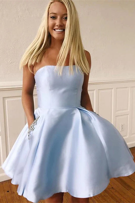 cute dresses strapless Cute A-Line Strapless Straight-Neck Pocket-Embellished Satin Mini Prom – YiDiBang Dresses