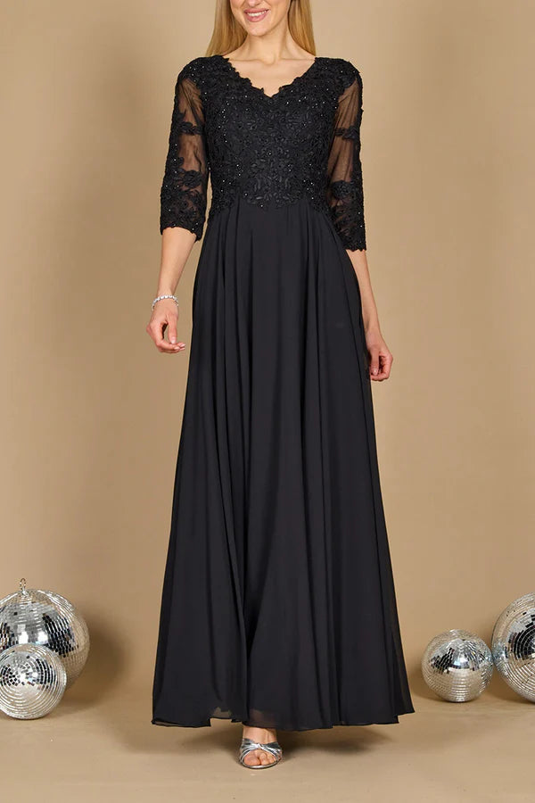 Robe élégante pour mère de la mariée, coupe trapèze, col en V, dentelle, manches 3/4