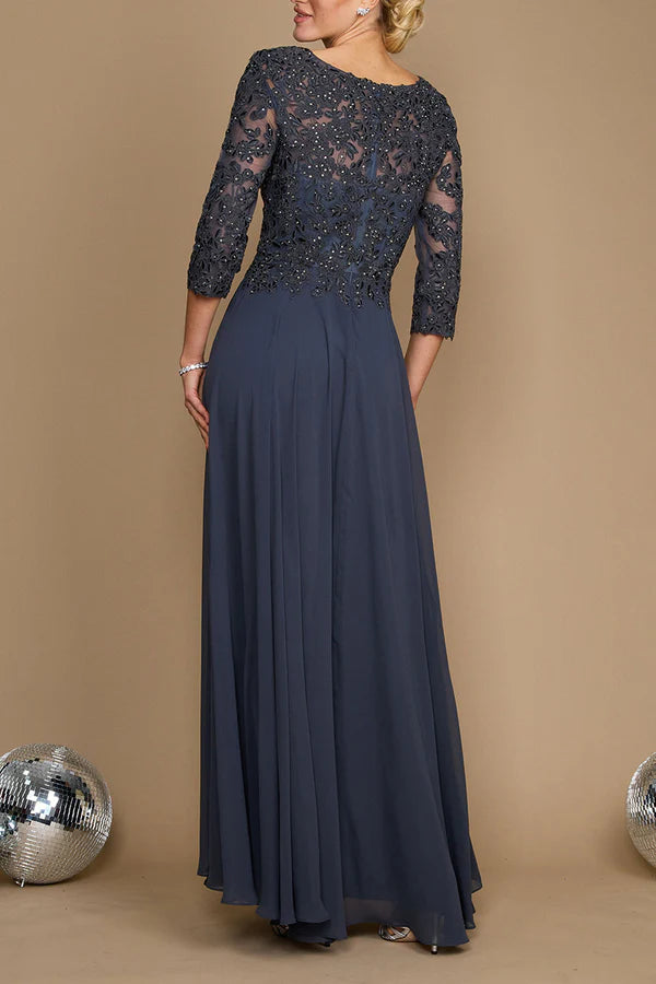 Robe élégante pour mère de la mariée, coupe trapèze, col en V, dentelle, manches 3/4