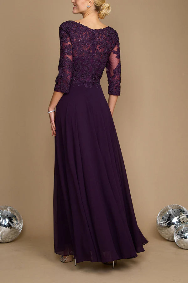 Robe élégante pour mère de la mariée, coupe trapèze, col en V, dentelle, manches 3/4