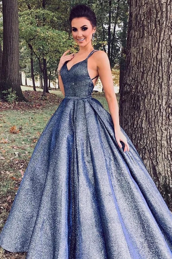Dark Blue Glitter Ball Gown with Crisscross Open Back