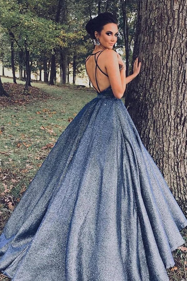Dark Blue Glitter Ball Gown with Crisscross Open Back