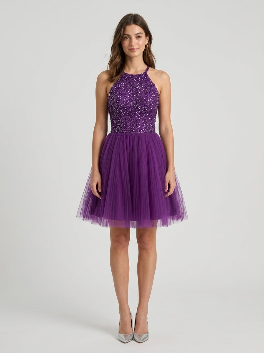 Dazzling A-Line Halter High Neck Open Back Sequin Tulle Mini Homecoming Dress.
