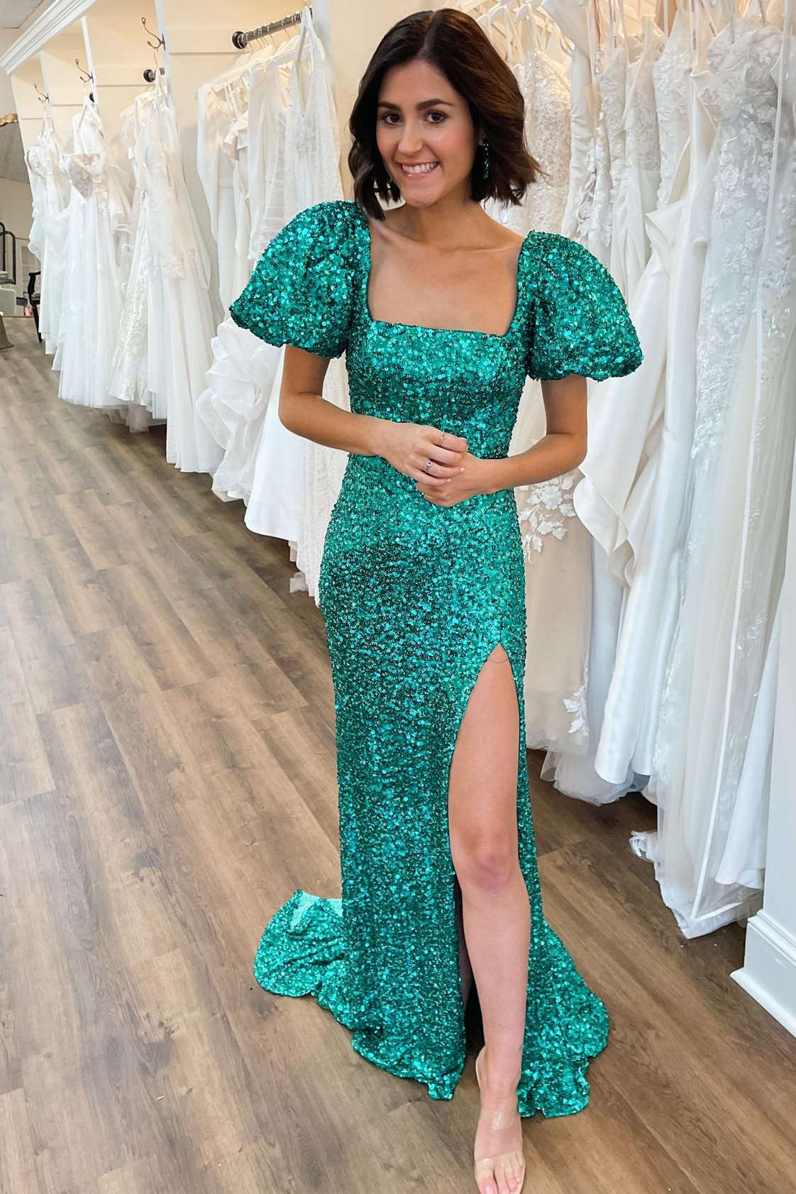 Dazzling Mermaid Square-Neck Puff-Short-Sleeve Lace-Up-Back High-Slit Sequin Floor-Length Prom Dress