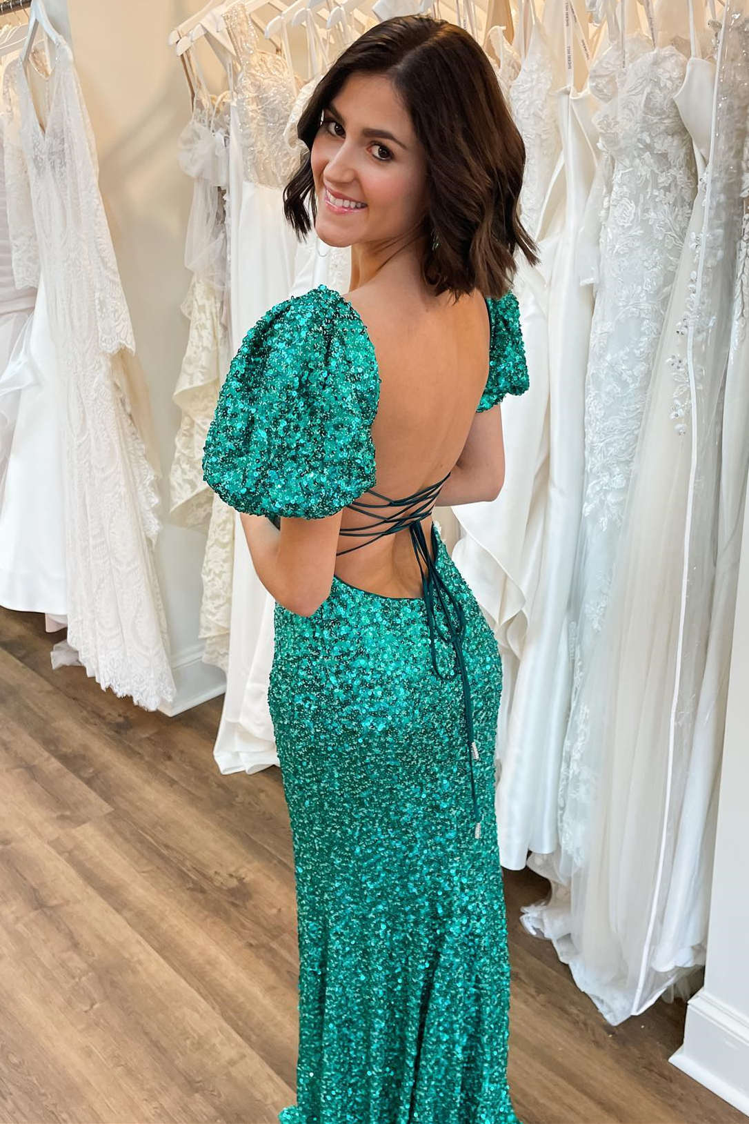 Dazzling Mermaid Square-Neck Puff-Short-Sleeve Lace-Up-Back High-Slit Sequin Floor-Length Prom Dress