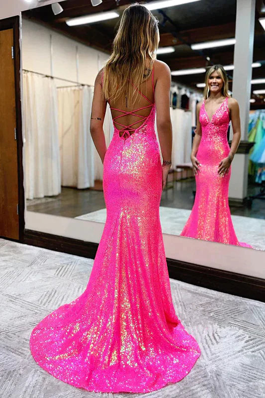 Dazzling Sequin Prom Dresses with Deep V-Neck, Lace-Up Back and Sparkly Mermaid Silhouette Formal Gown