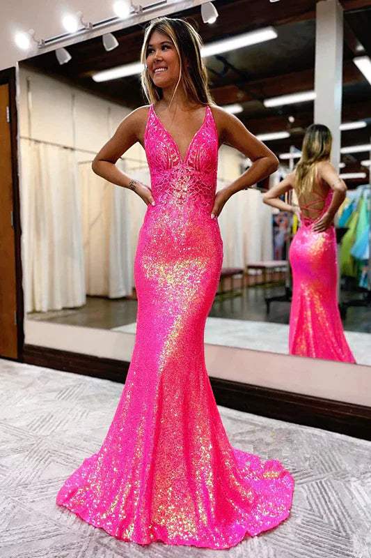 Dazzling Sequin Prom Dresses with Deep V-Neck, Lace-Up Back and Sparkly Mermaid Silhouette Formal Gown