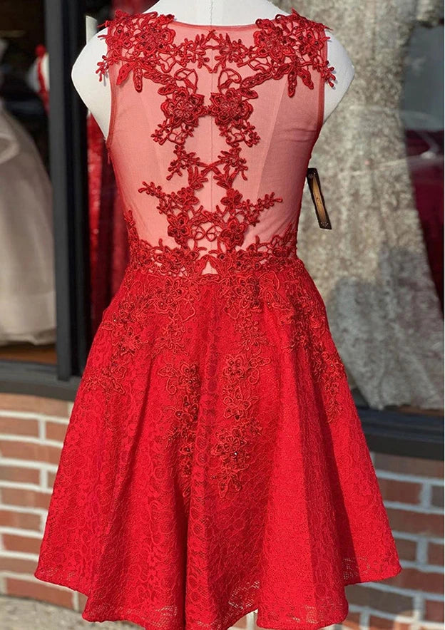 Dazzling A-Line Deep V-Neck Sleeveless Illusion Back Short Lace Homecoming Dresses