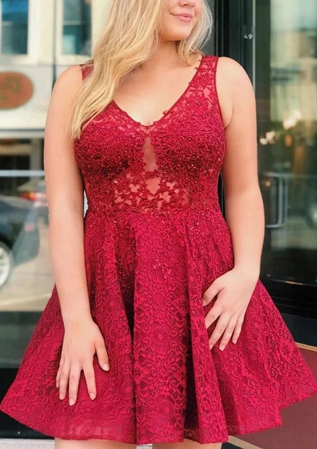 Dazzling A-Line Deep V-Neck Sleeveless Illusion Back Short Lace Homecoming Dresses