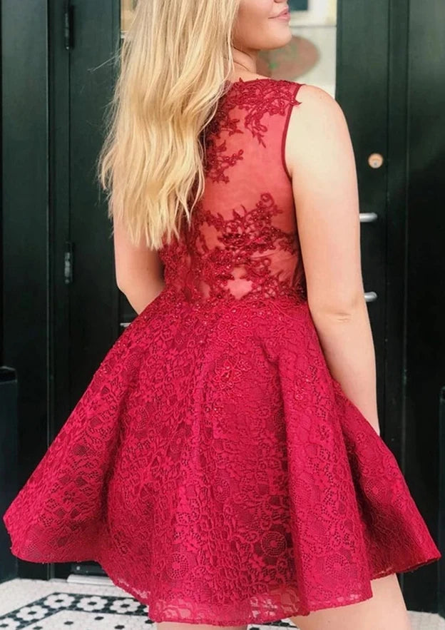 Dazzling A-Line Deep V-Neck Sleeveless Illusion Back Short Lace Homecoming Dresses