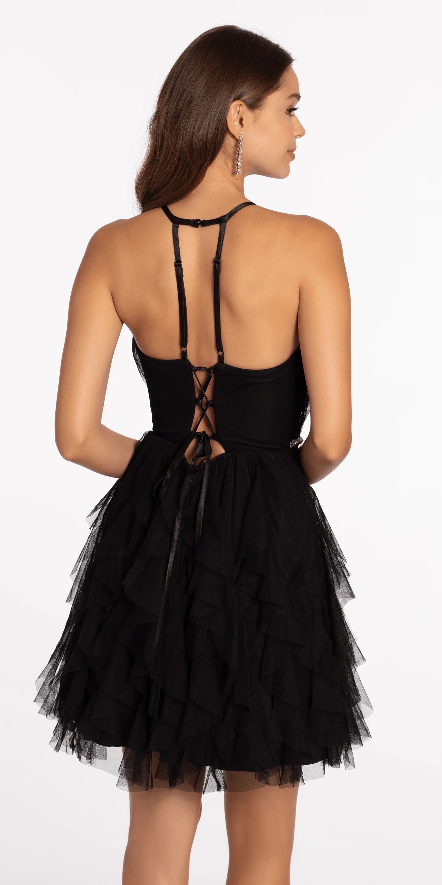 Dazzling A-line Plunging V-neck Sleeveless Lace-up Back Short Tiered Homecoming Dresses