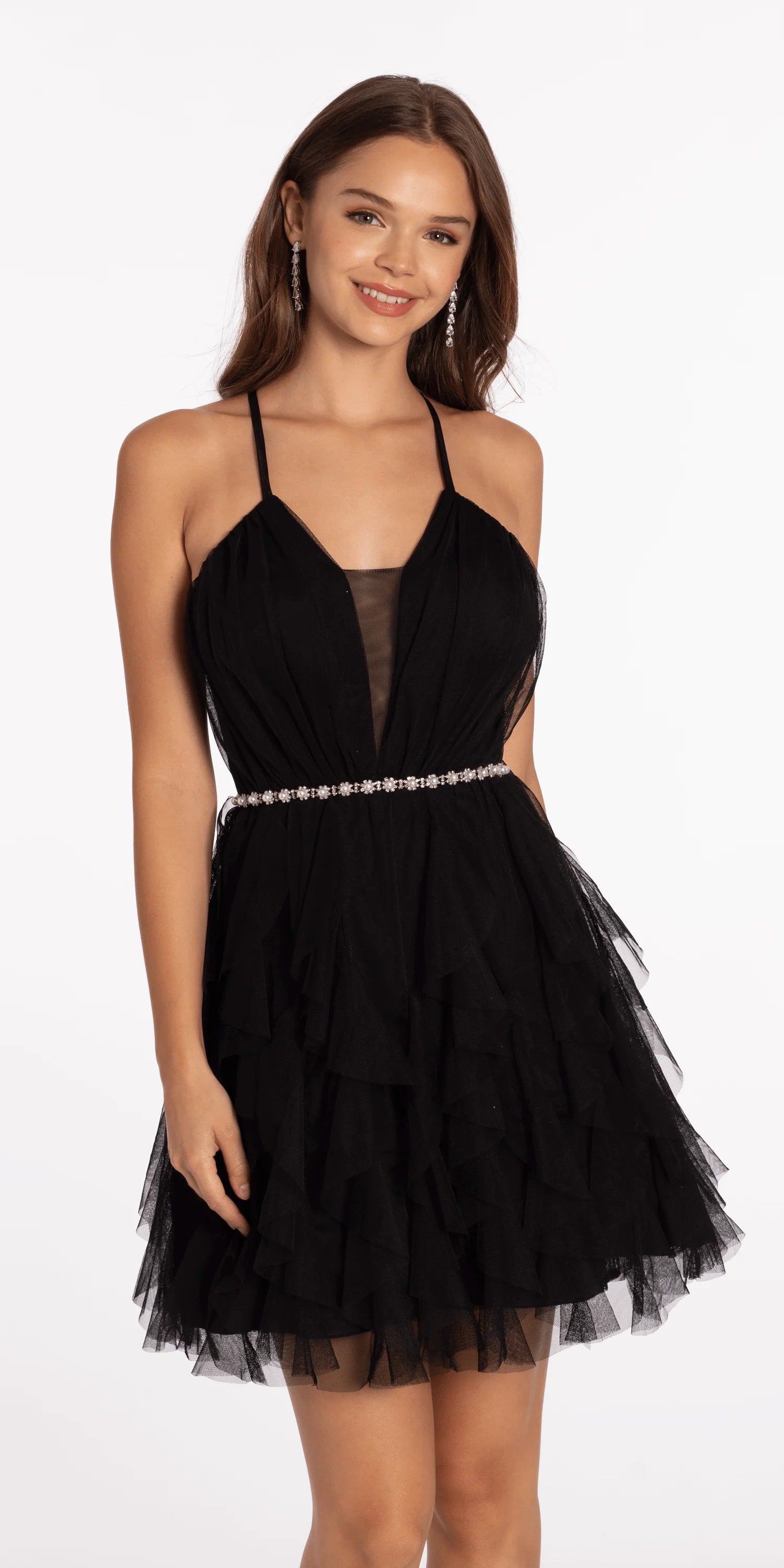 Dazzling A-line Plunging V-neck Sleeveless Lace-up Back Short Tiered Homecoming Dresses