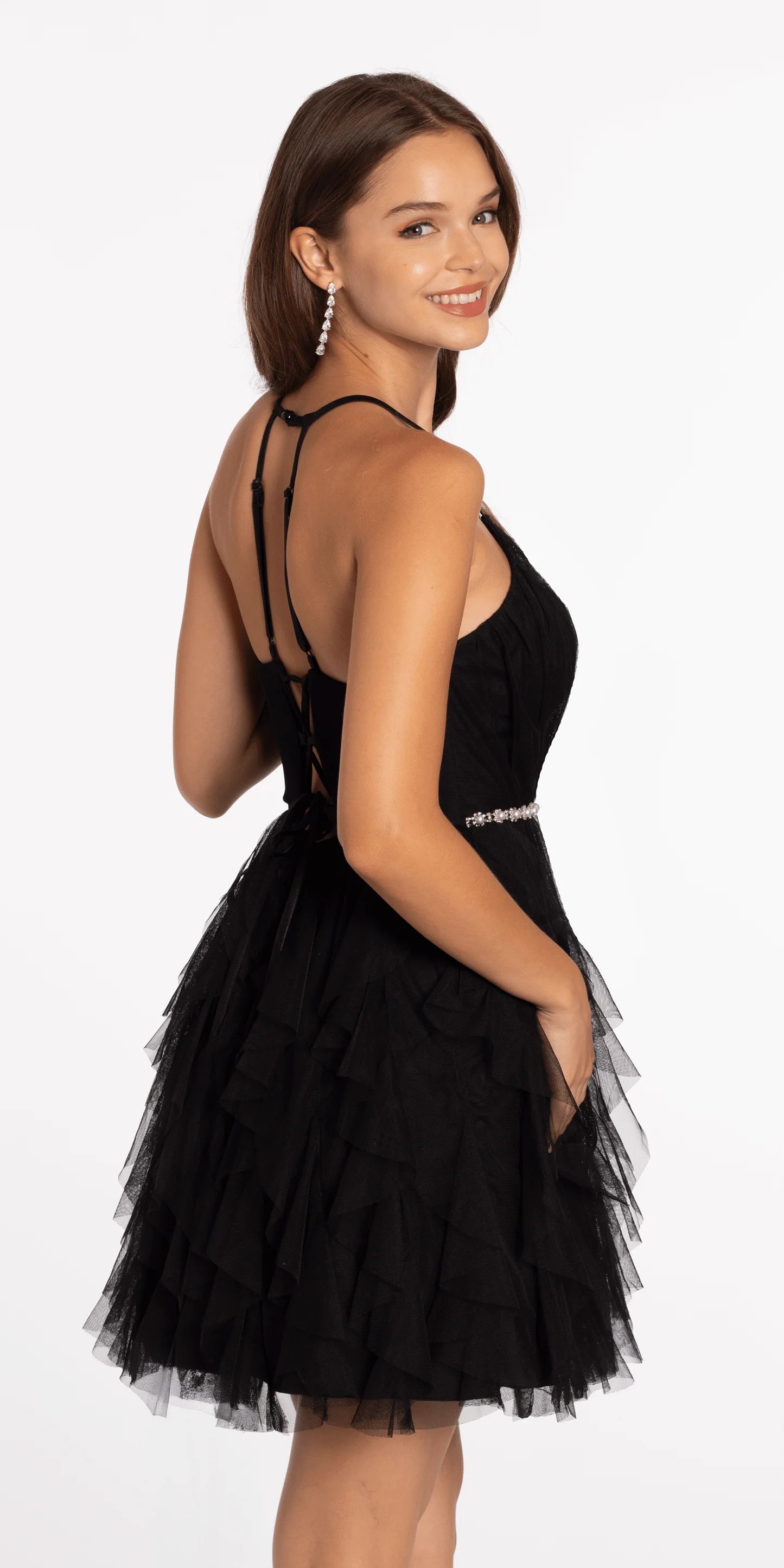 Dazzling A-line Plunging V-neck Sleeveless Lace-up Back Short Tiered Homecoming Dresses