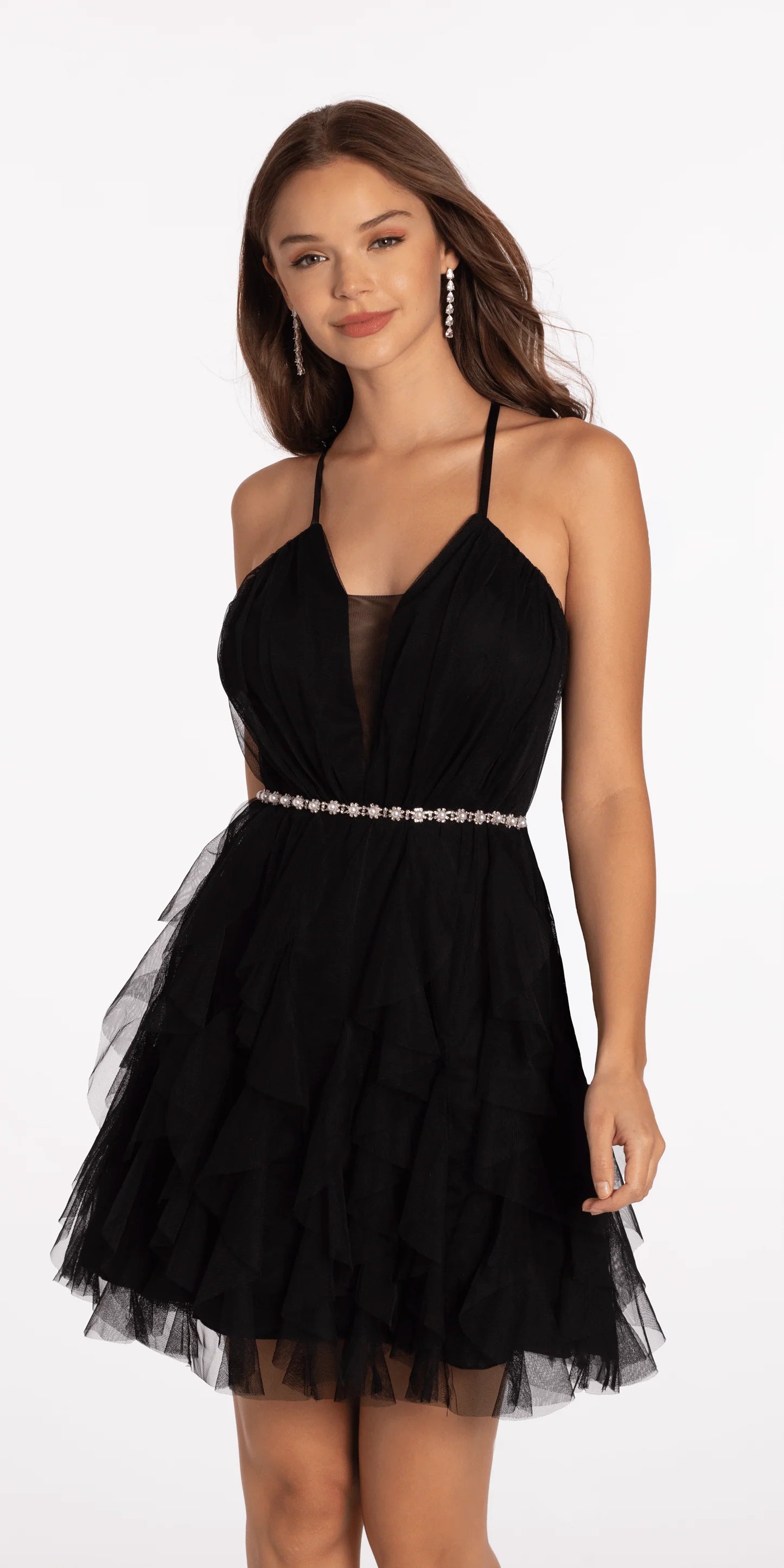 Dazzling A-line Plunging V-neck Sleeveless Lace-up Back Short Tiered Homecoming Dresses
