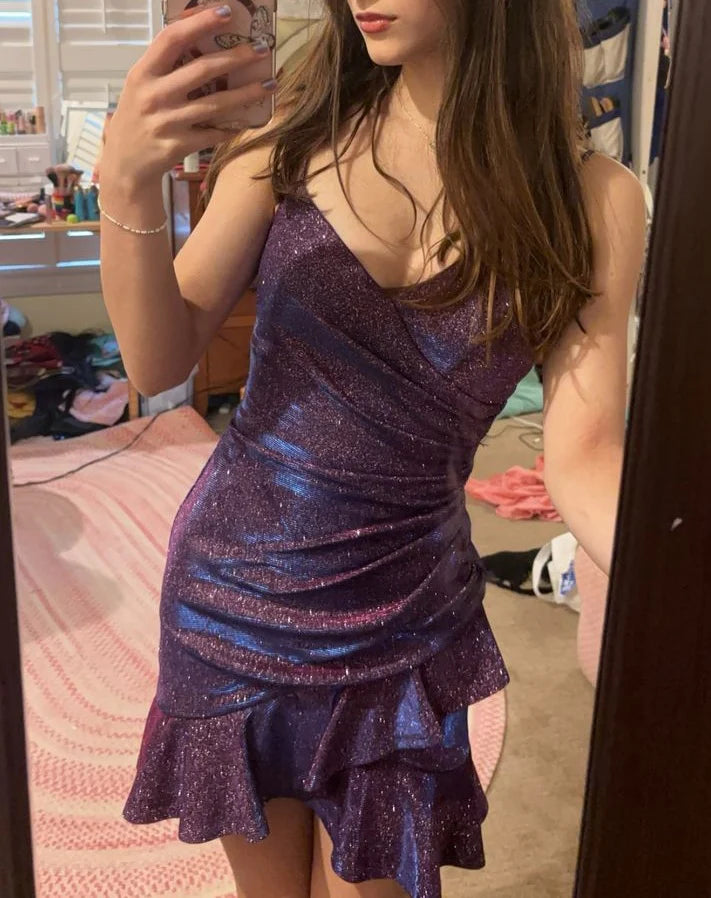 Dazzling Iridescent Bodycon V-Neck Sleeveless Zipper Back Mini Homecoming Dress with Ruffles