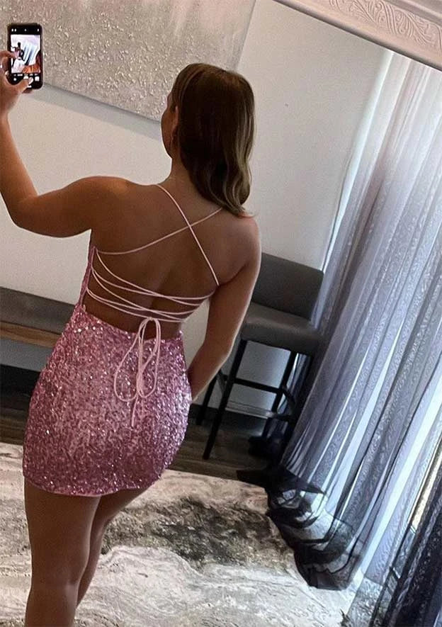 Dazzling Pink Sequin Bodycon Spaghetti Strap Sleeveless Criss-Cross Back Mini Homecoming Dresses