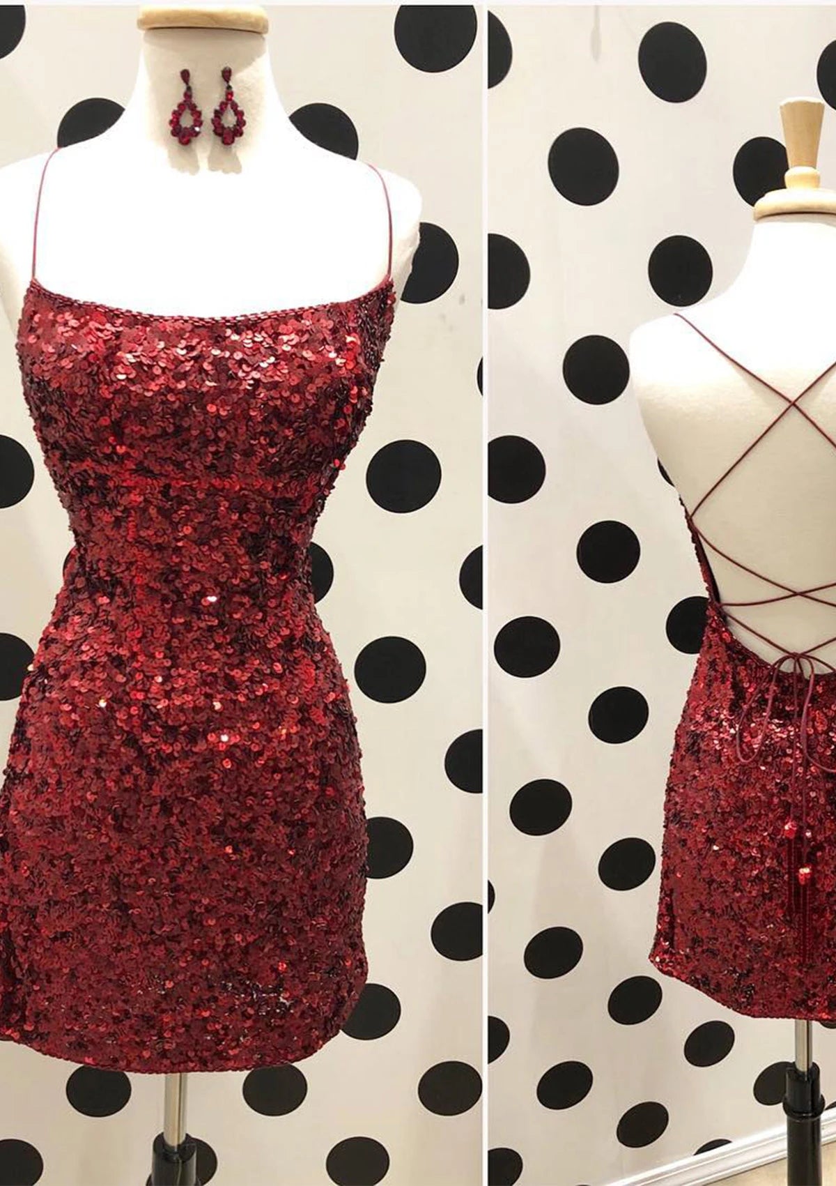 Dazzling Red Sequin Sheath Scoop Neck Spaghetti Strap Criss-cross Back Mini Homecoming Dresses