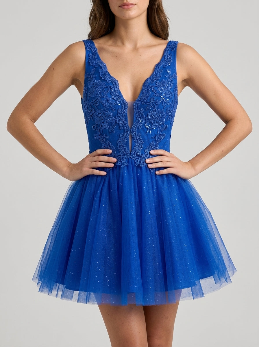 Dazzling Royal Blue A-Line Plunging V-Neck Sleeveless Lace-Up Back Short Homecoming Dresses with Sparkle Tulle