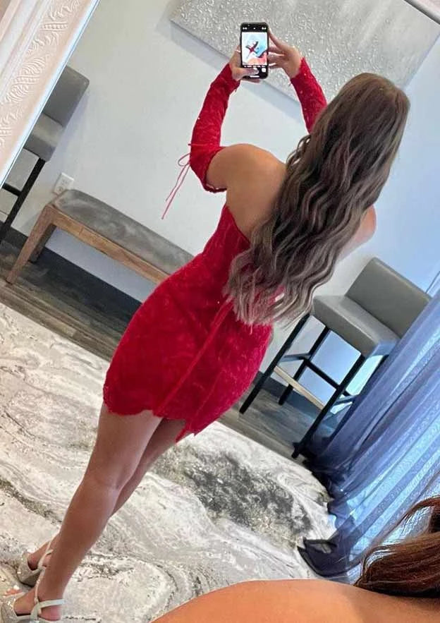 Dazzling Sheath Sweetheart Off-Shoulder Long Sleeve Corset Back Mini Homecoming Dresses