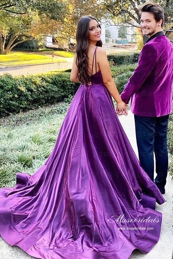 Deep Purple V-Neck Satin A-Line Ball Gown with Slit & Train