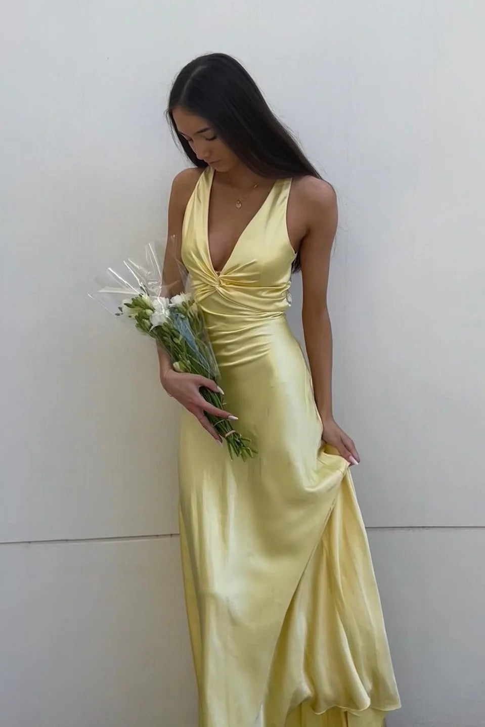 Deep V-Neck Backless Evening Dress with Bow Waist