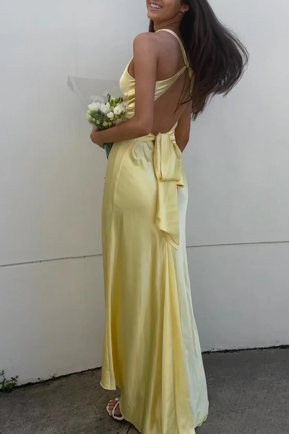 Deep V-Neck Backless Evening Dress with Bow Waist