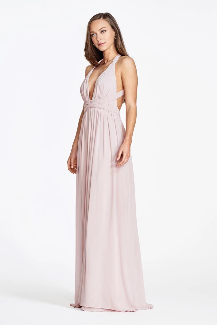 Robe de soirée longue à col en V profond, épaules dénudées, sans manches, dos nu