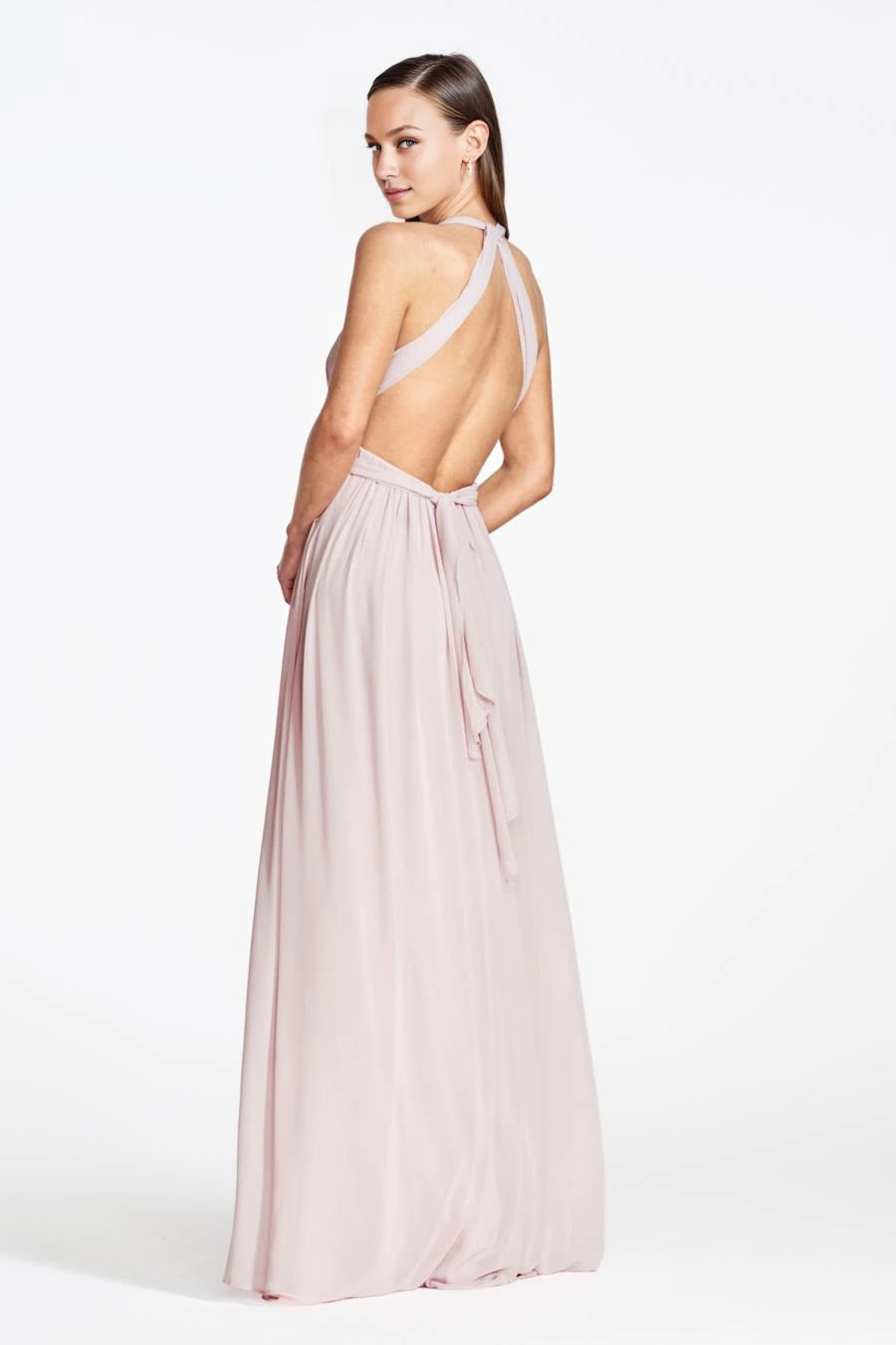 Robe de soirée longue à col en V profond, épaules dénudées, sans manches, dos nu