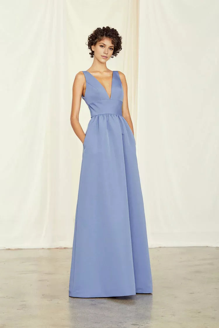 Deep V-neck off shoulder sleeveless backless and floor length Prom dress