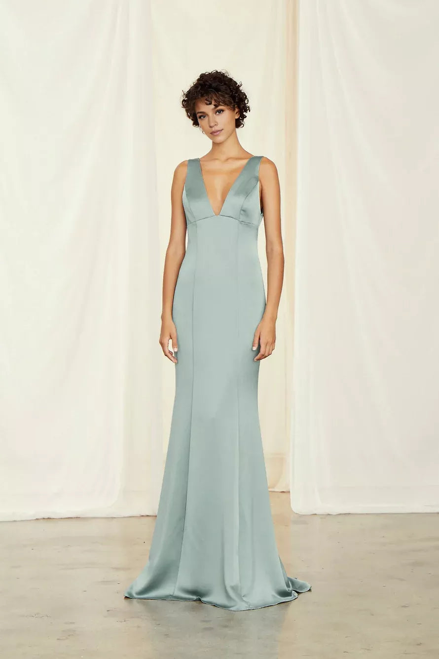 Deep V-neck off shoulder sleeveless backless and floor length Prom dress