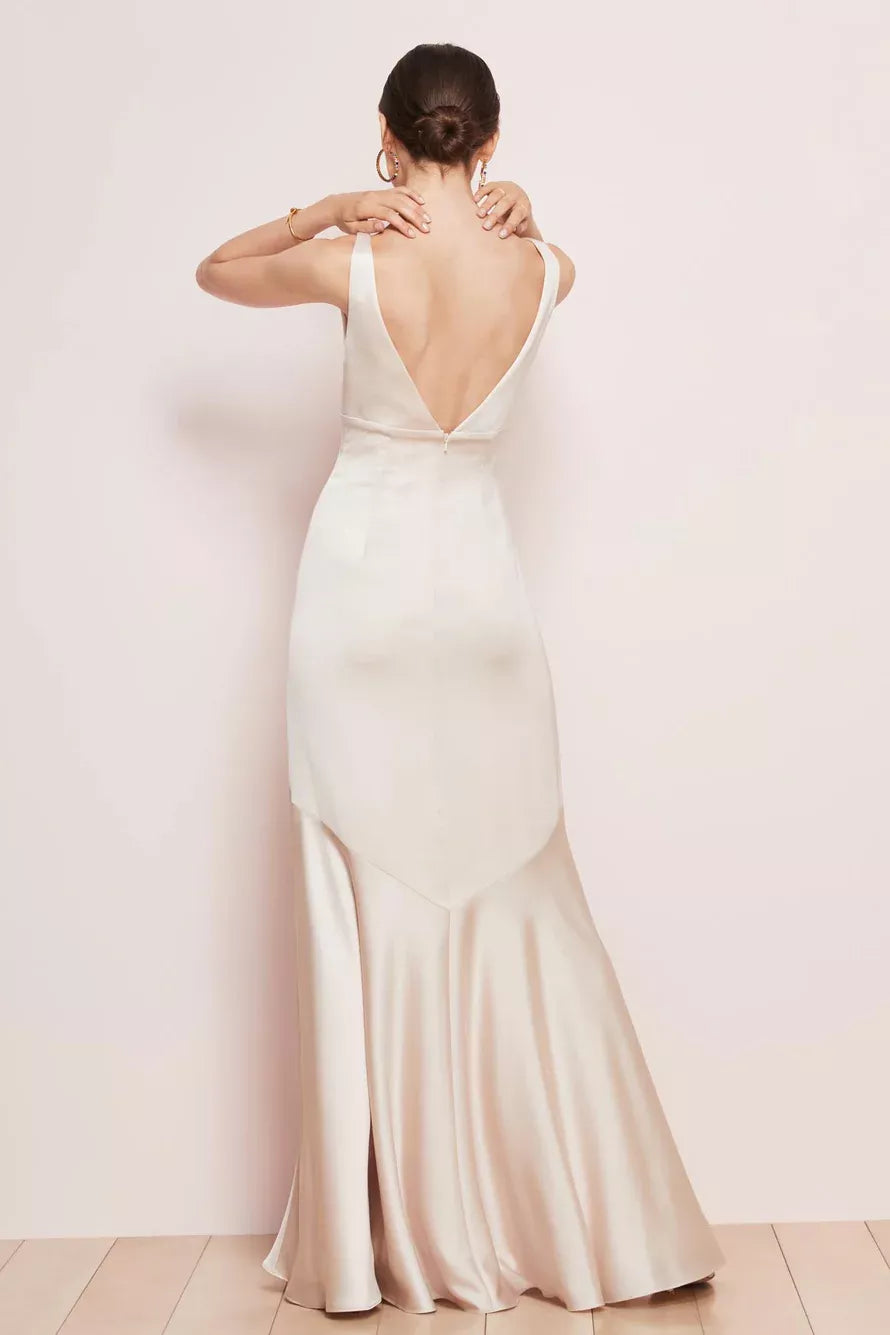 Deep V-neck off shoulder sleeveless backless and floor length Prom dress
