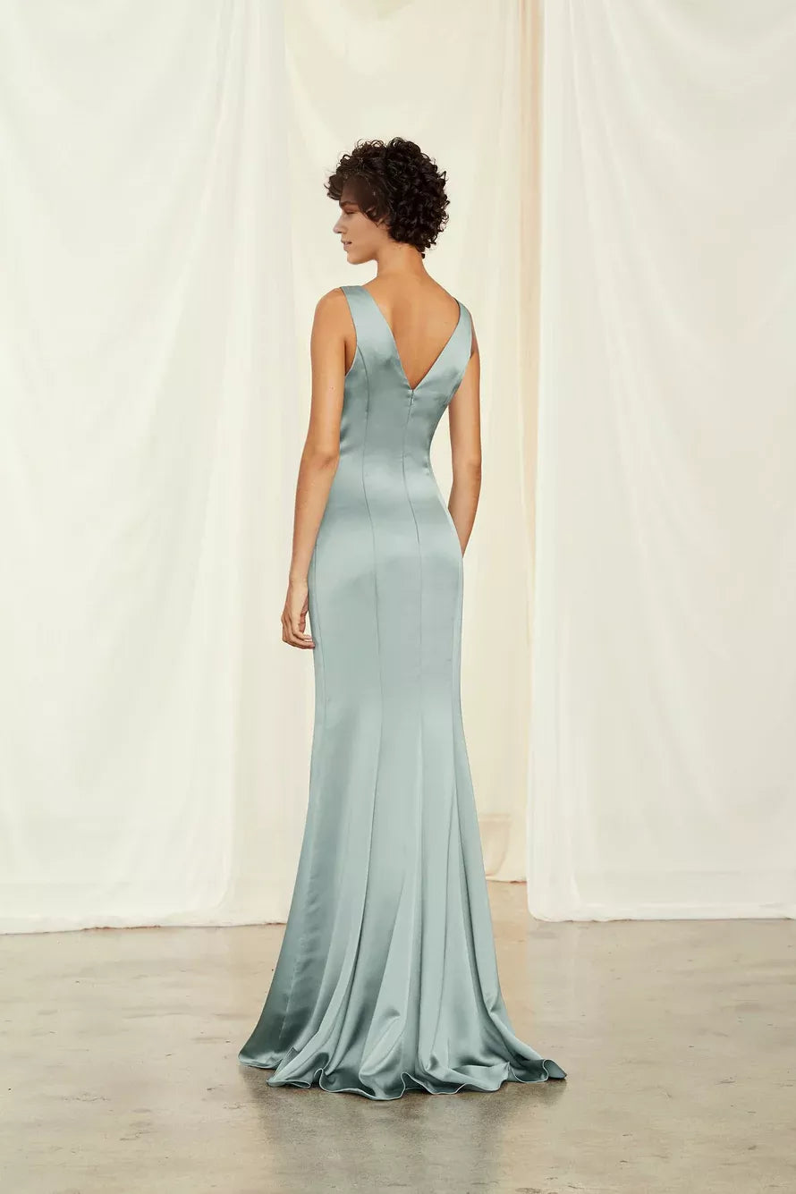 Deep V-neck off shoulder sleeveless backless and floor length Prom dress