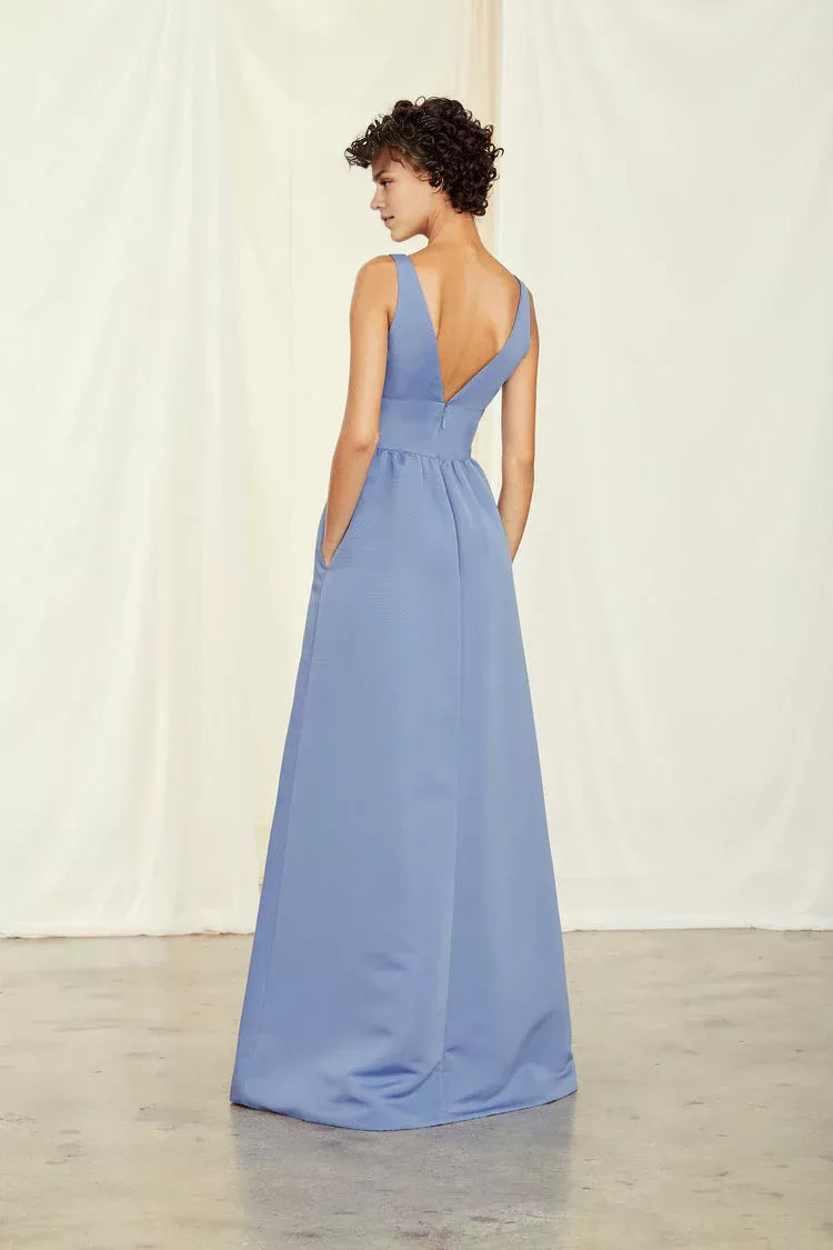 Deep V-neck off shoulder sleeveless backless and floor length Prom dress