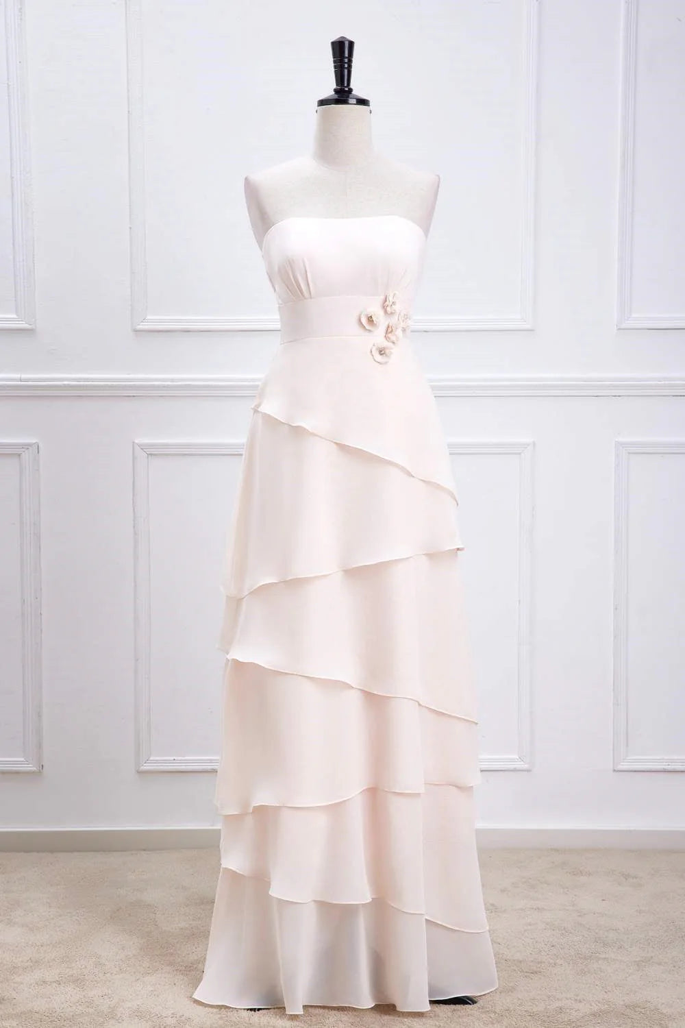 Delicate A-Line Strapless Sleeveless Floral-Appliqué Tiered Floor-Length Prom Dress