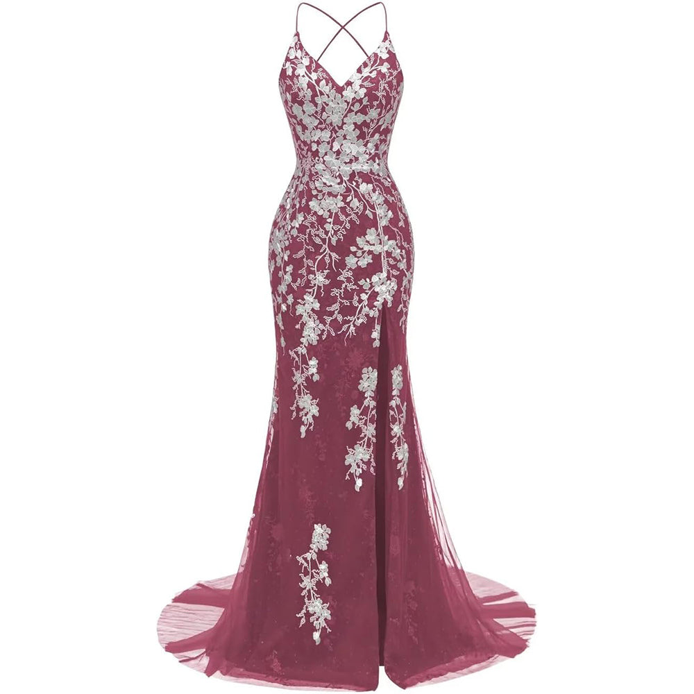 Meerjungfrau-Ballkleid aus italienischer Spitze mit Nudelträgern