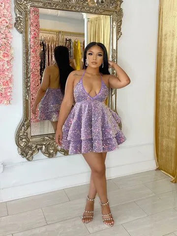 Dreamy A-Line Halter-Plunge Open-Back Double-Ruffle Iridescent-Sequin Mini Homecoming Dress