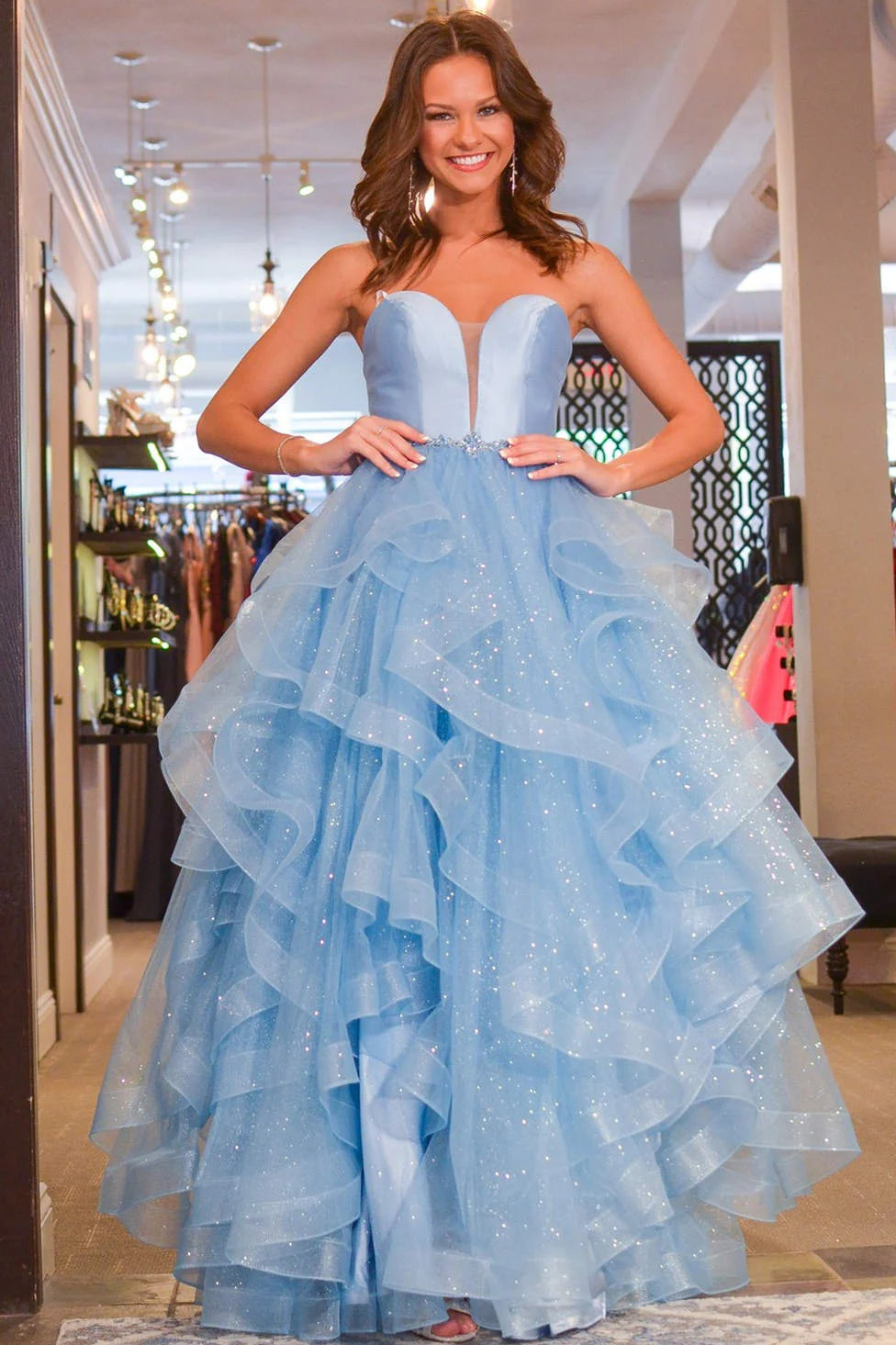 Dreamy A-Line Strapless Sweetheart Ruffled Glitter Tulle Floor-Length Prom Dress