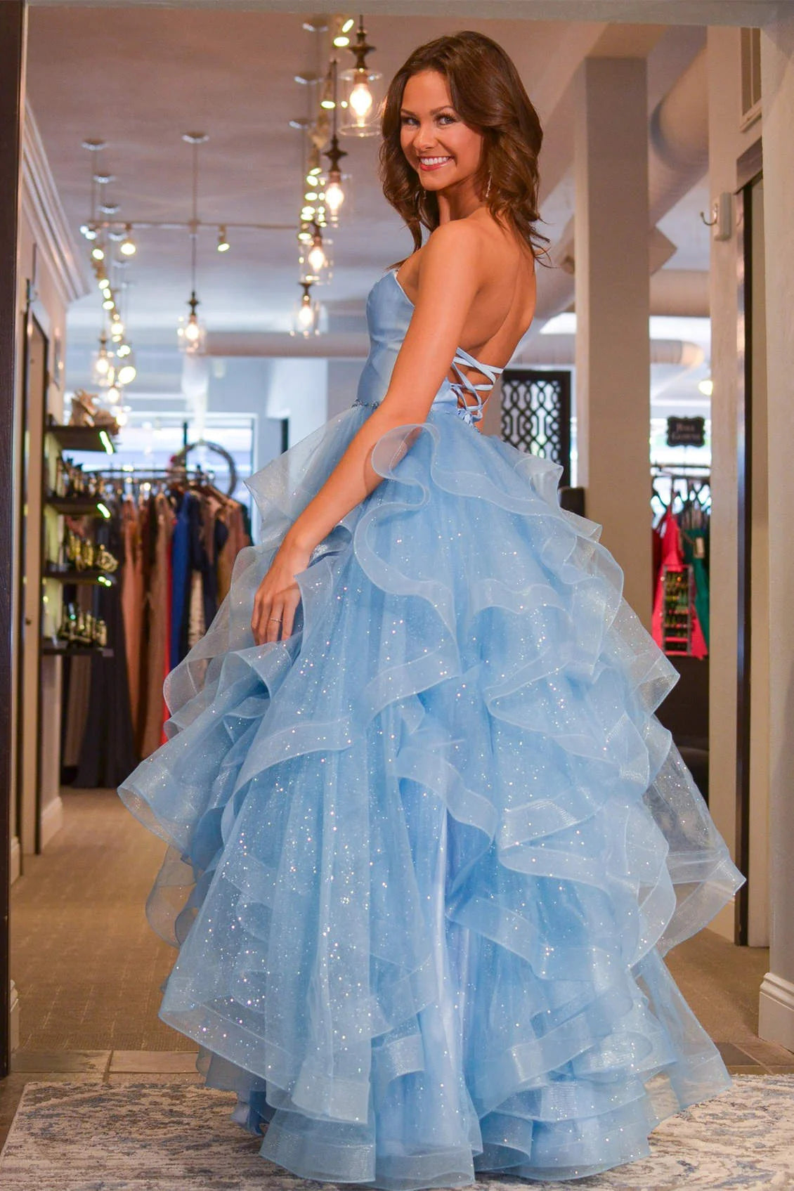 Dreamy A-Line Strapless Sweetheart Ruffled Glitter Tulle Floor-Length Prom Dress
