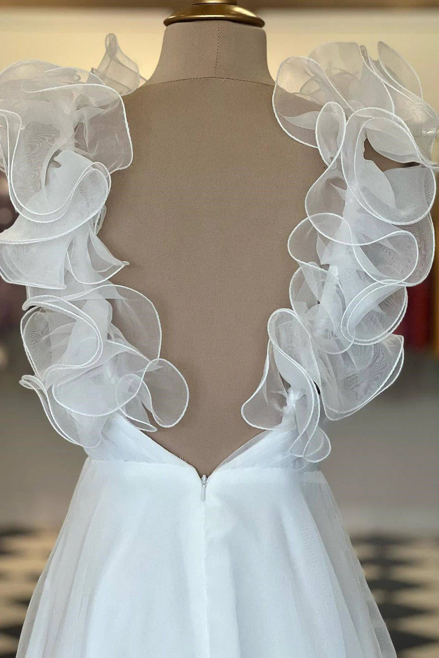Dreamy A-Line V-Neck Ruffled-Strap Chiffon Floor-Length Prom Dress