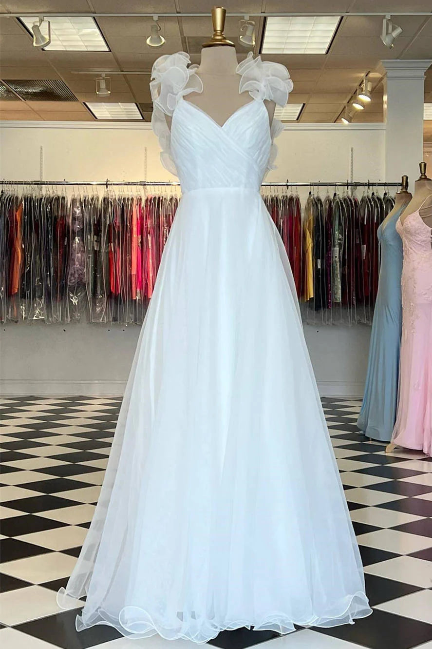 Dreamy A-Line V-Neck Ruffled-Strap Chiffon Floor-Length Prom Dress
