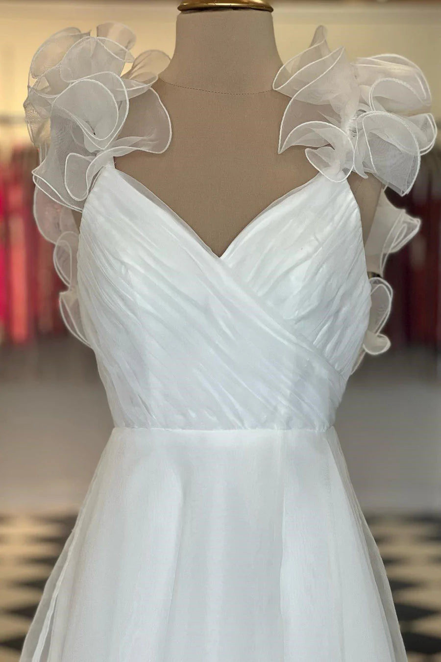 Dreamy A-Line V-Neck Ruffled-Strap Chiffon Floor-Length Prom Dress