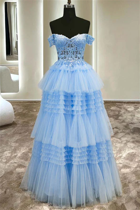 Dreamy Ballgown Off-The-Shoulder Lace-Corset Lace-Up-Back Tiered Ruffle Tulle Floor-Length Prom Dress