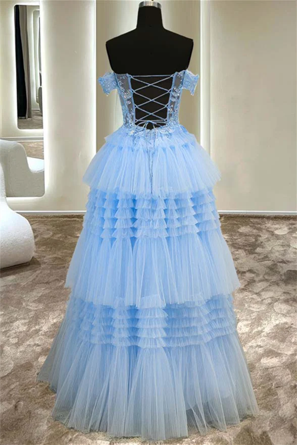 Dreamy Ballgown Off-The-Shoulder Lace-Corset Lace-Up-Back Tiered Ruffle Tulle Floor-Length Prom Dress