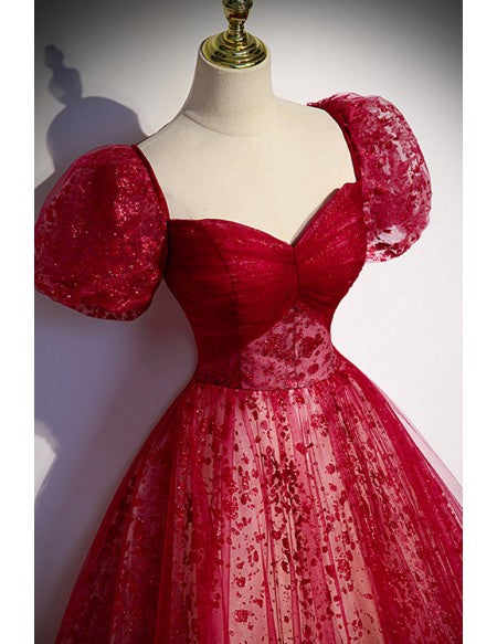 Elegant wine red hanging neck bow square neck short sleeved evening dress wine red backless and ground length evening dress